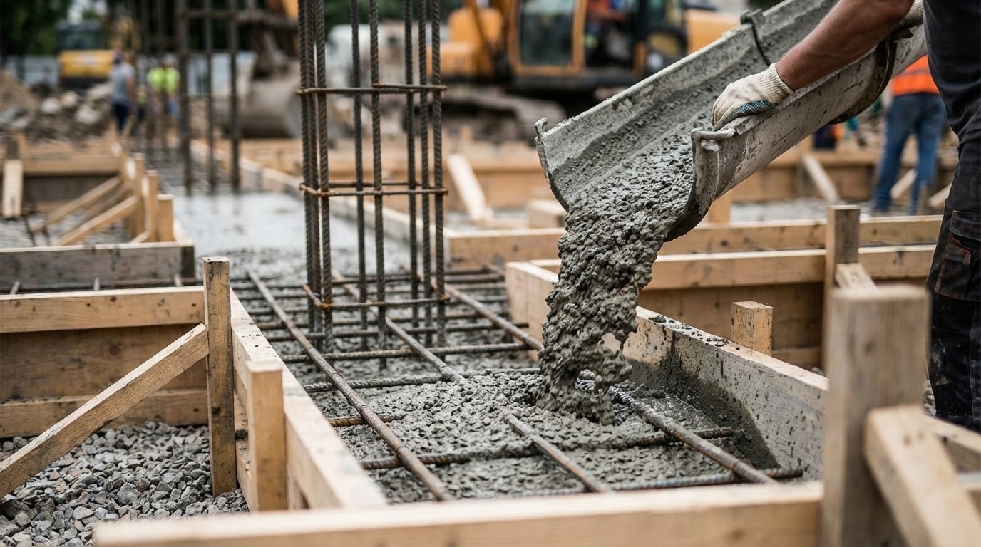 Coulage de béton pour fondations par chaury-tp sur un chantier de construction à Toulouse