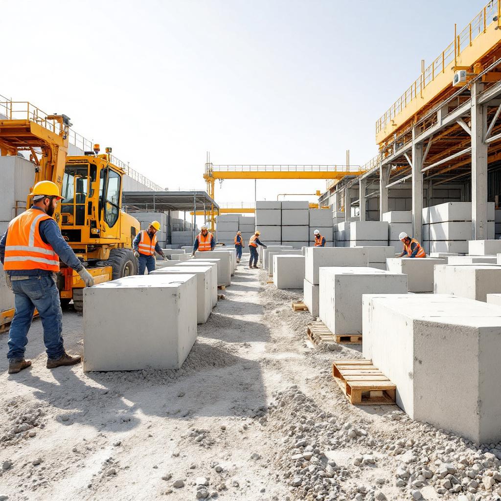Chantier industriel chaury-tp à Toulouse avec ouvriers, blocs de béton et engin de levage