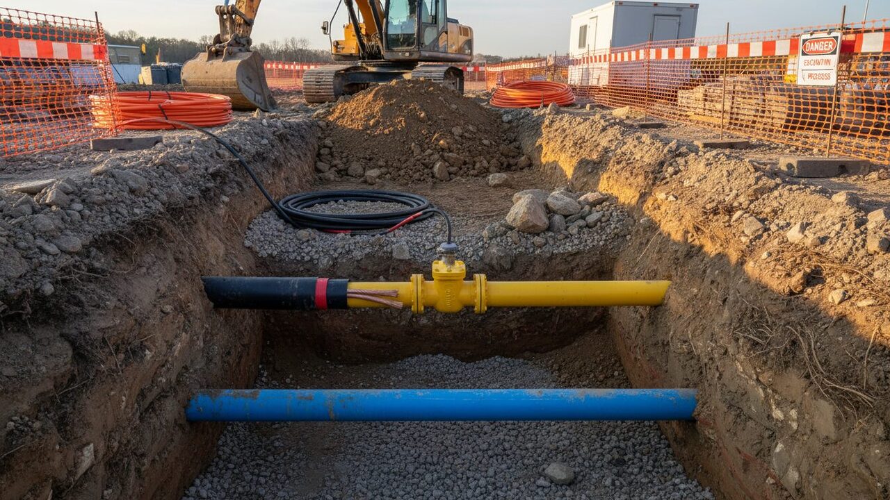 Chantier réseaux enterrés avec tuyaux jaune et bleu par chaury-tp à Toulouse