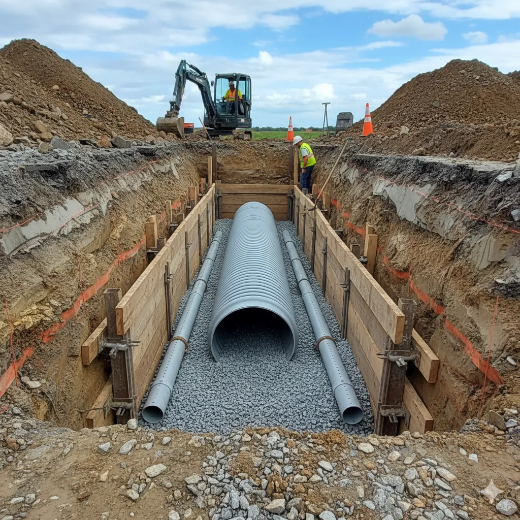 Pose de grands tuyaux d’assainissement par chaury-tp sur un chantier de tranchée à Toulouse